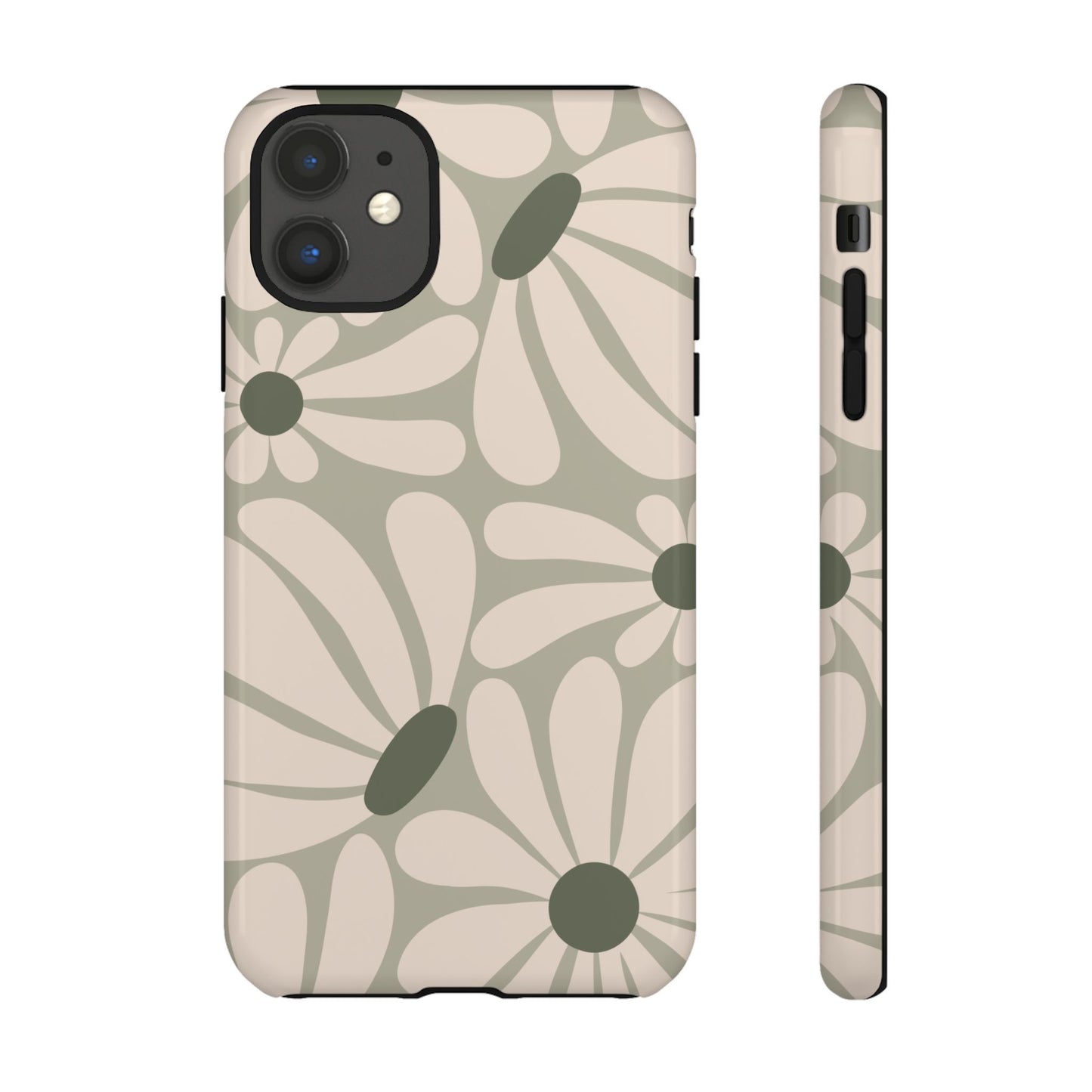 iPhone 11 / Glossy Phone Case - ’Retro Cream & Green Daisy Pattern’ Phone Case