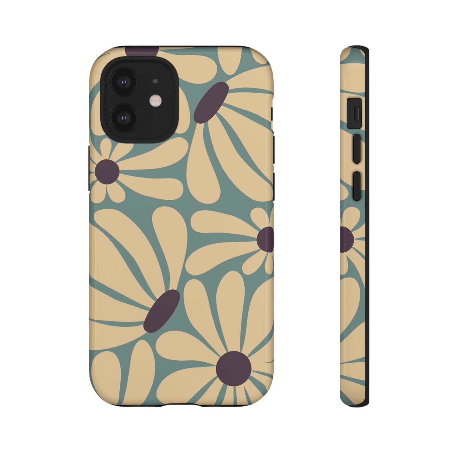 iPhone 12 Mini / Glossy Phone Case - ’Retro Cream & Blue Daisy Pattern’ Phone Case
