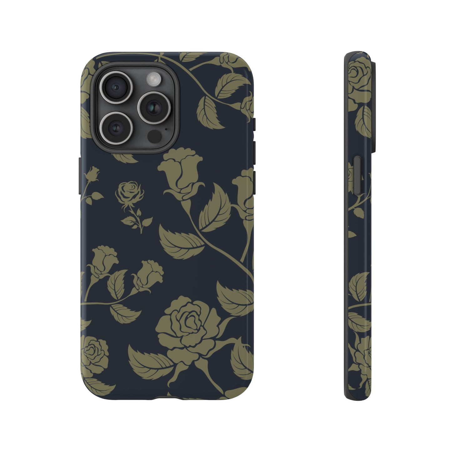 iPhone 15 Pro Max / Glossy Phone Case - ’Blue & Olive Rose Pattern’ Phone Case