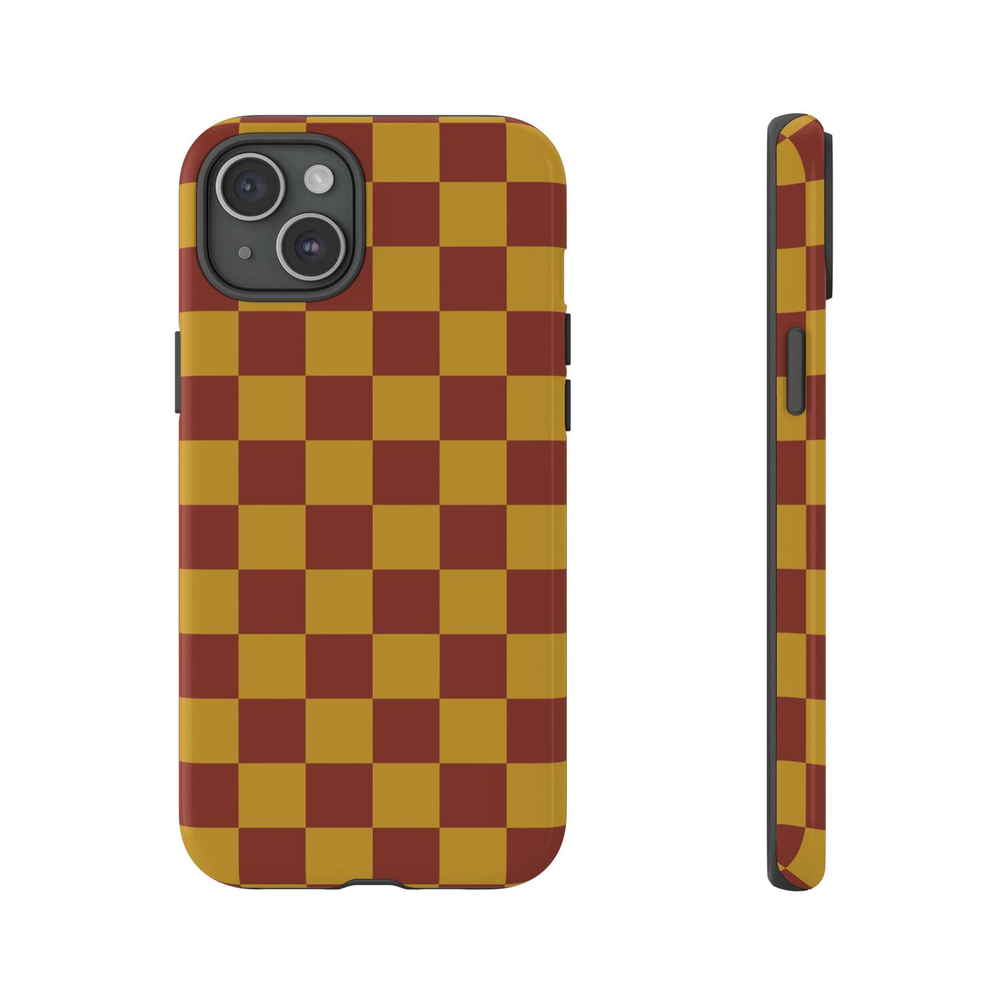 iPhone 15 Plus / Glossy Phone Case - Trendy Mustard & Burgandy Checked Pattern Phone Case