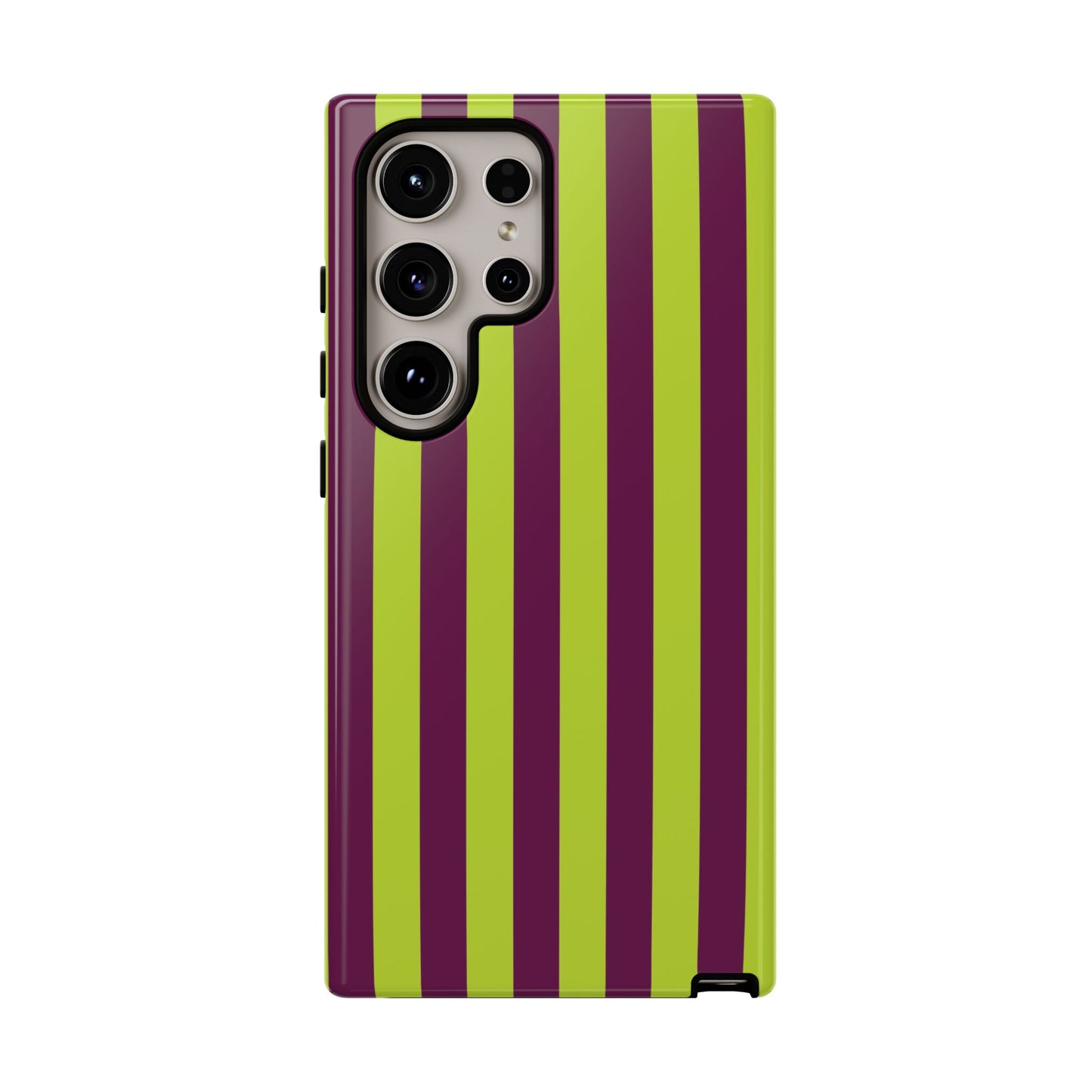 Samsung Galaxy S24 Ultra / Glossy Phone Case - Trendy Neon Lime Green & Plum Stripe Pattern Phone Case