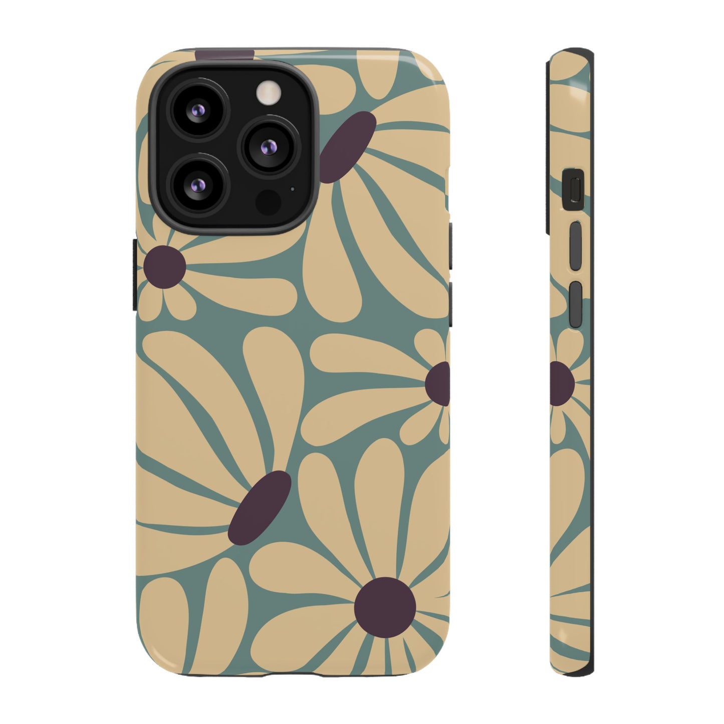iPhone 13 Pro / Glossy Phone Case - ’Retro Cream & Blue Daisy Pattern’ Phone Case