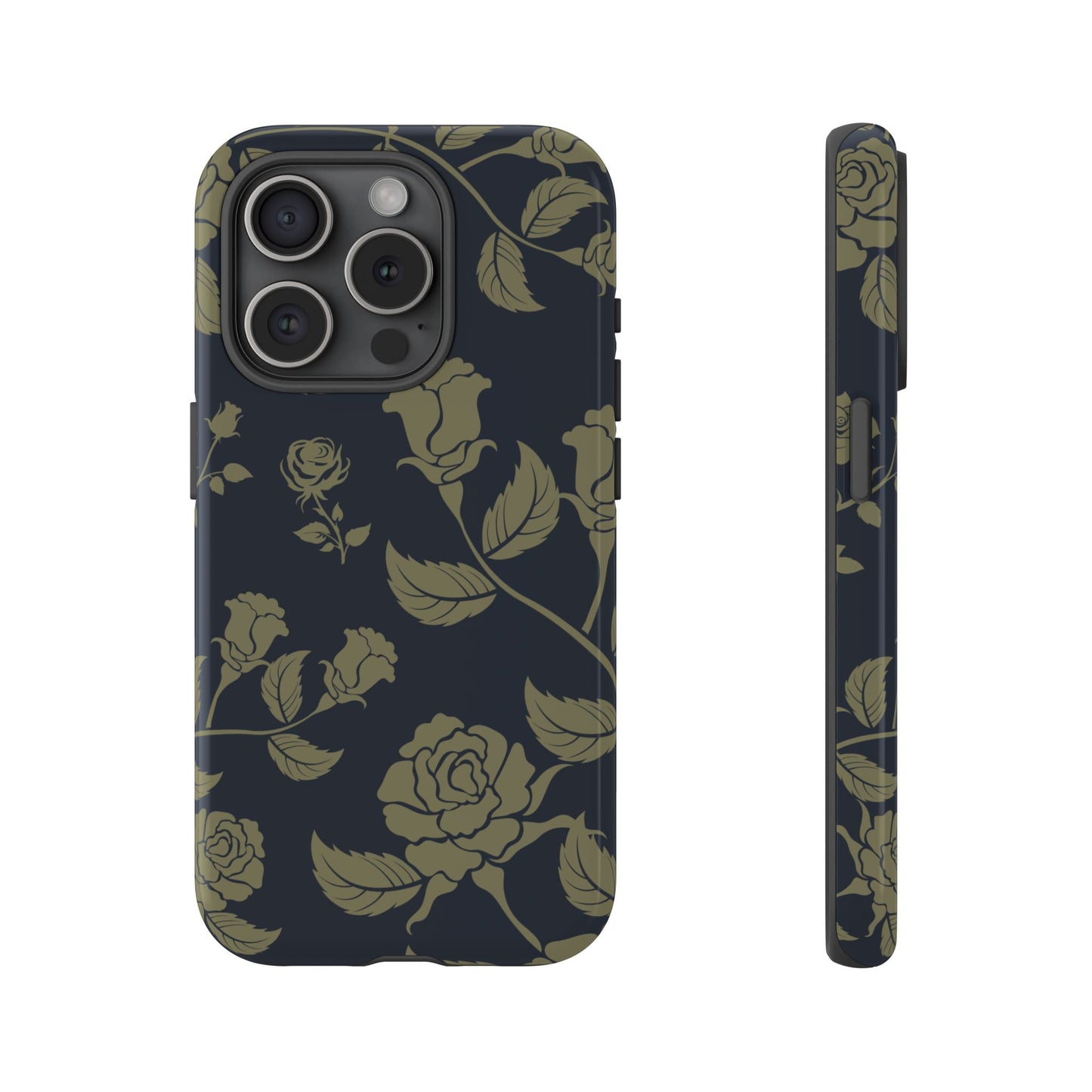 iPhone 15 Pro / Glossy Phone Case - ’Blue & Olive Rose Pattern’ Phone Case