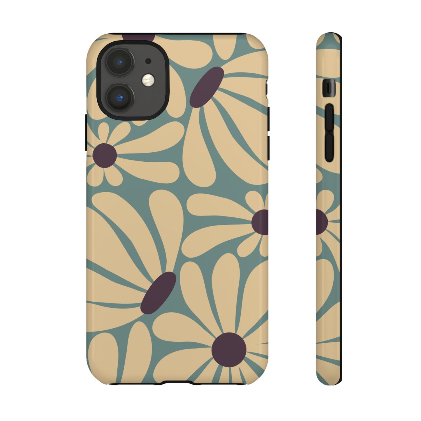 iPhone 11 / Glossy Phone Case - ’Retro Cream & Blue Daisy Pattern’ Phone Case