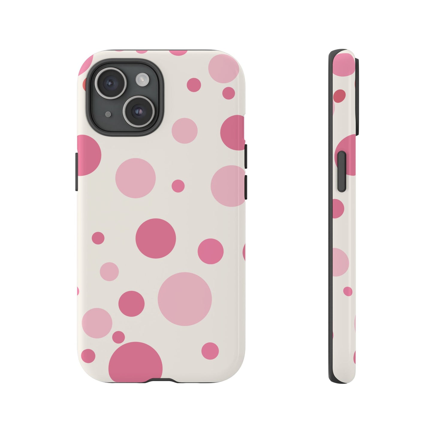 iPhone 15 / Glossy Phone Case - ’Bold White with Pink Dot Pattern’ Phone Case