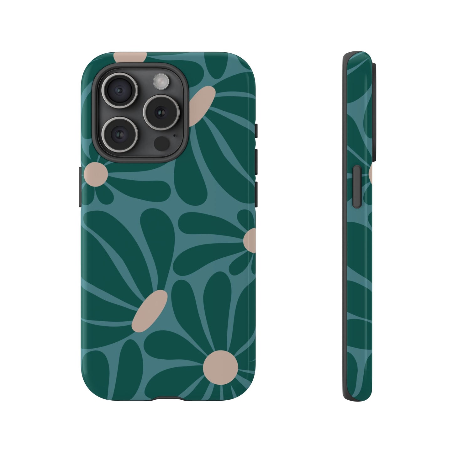 iPhone 15 Pro / Glossy Phone Case - ’Retro Turquoise Daisy Pattern’ Phone Case