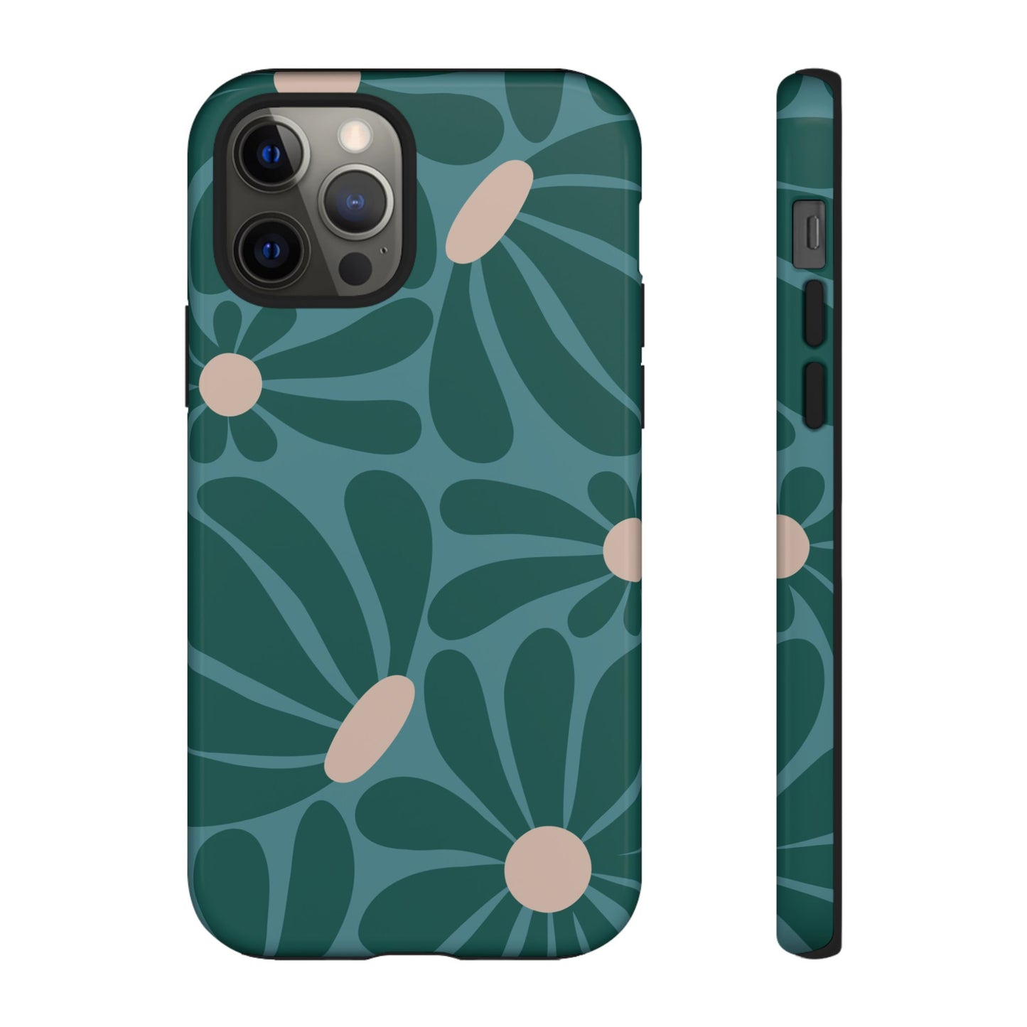 iPhone 12 Pro / Glossy Phone Case - ’Retro Turquoise Daisy Pattern’ Phone Case