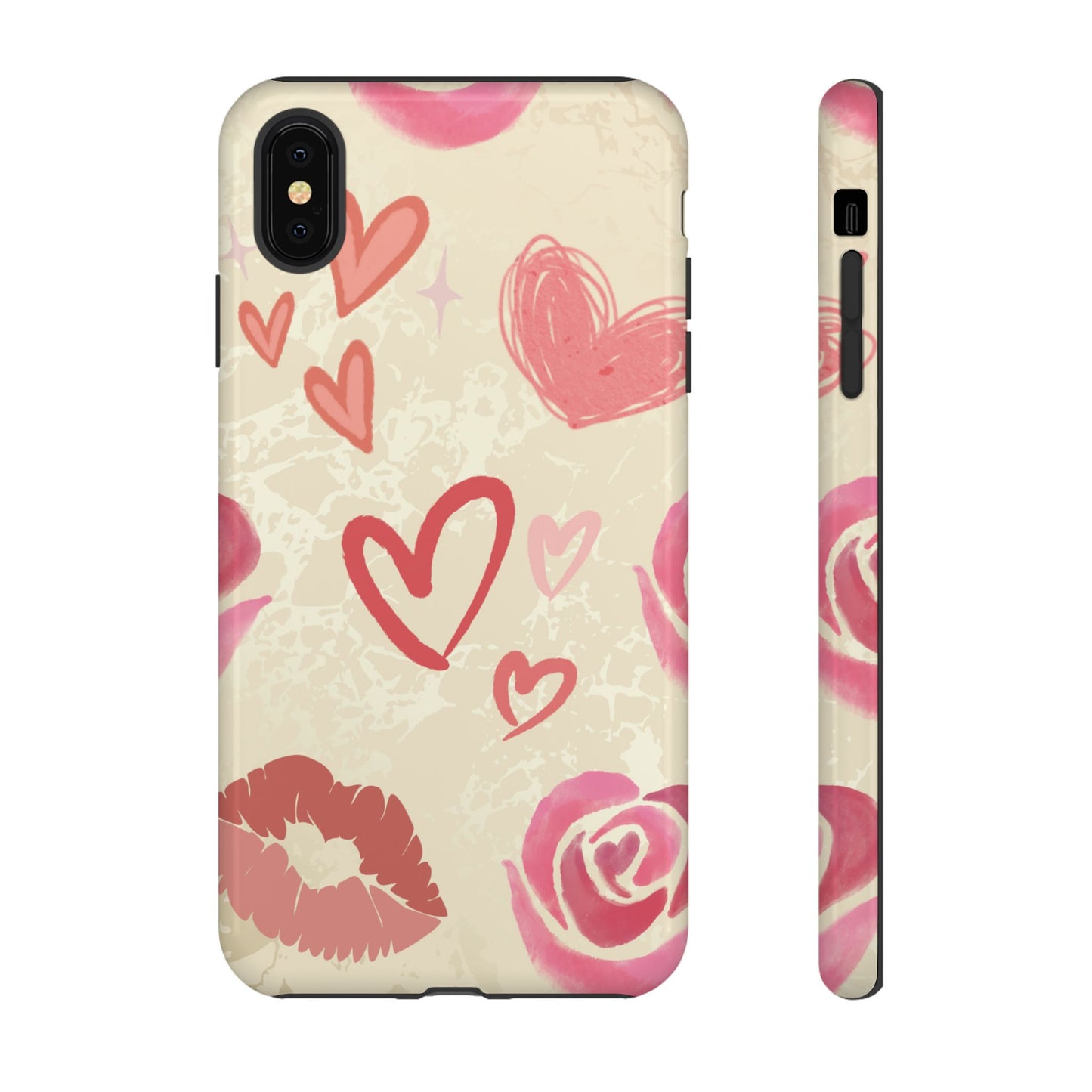iPhone XS MAX / Glossy Phone Case - ’Pink Heart & Rose Pattern’ Phone Case