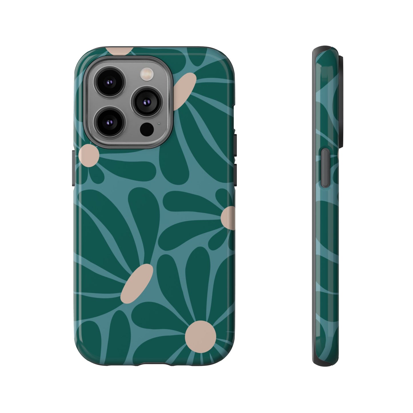iPhone 14 Pro / Glossy Phone Case - ’Retro Turquoise Daisy Pattern’ Phone Case