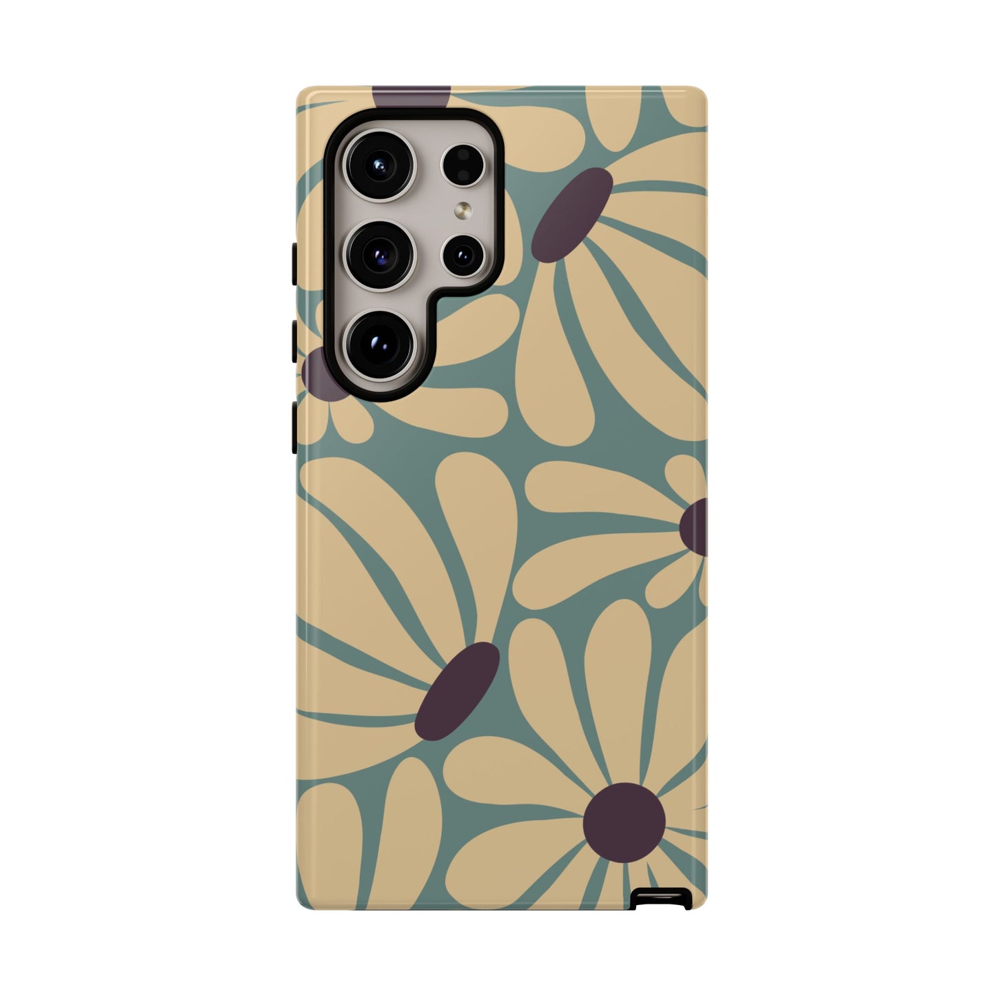 Samsung Galaxy S24 Ultra / Glossy Phone Case - ’Retro Cream & Blue Daisy Pattern’ Phone Case