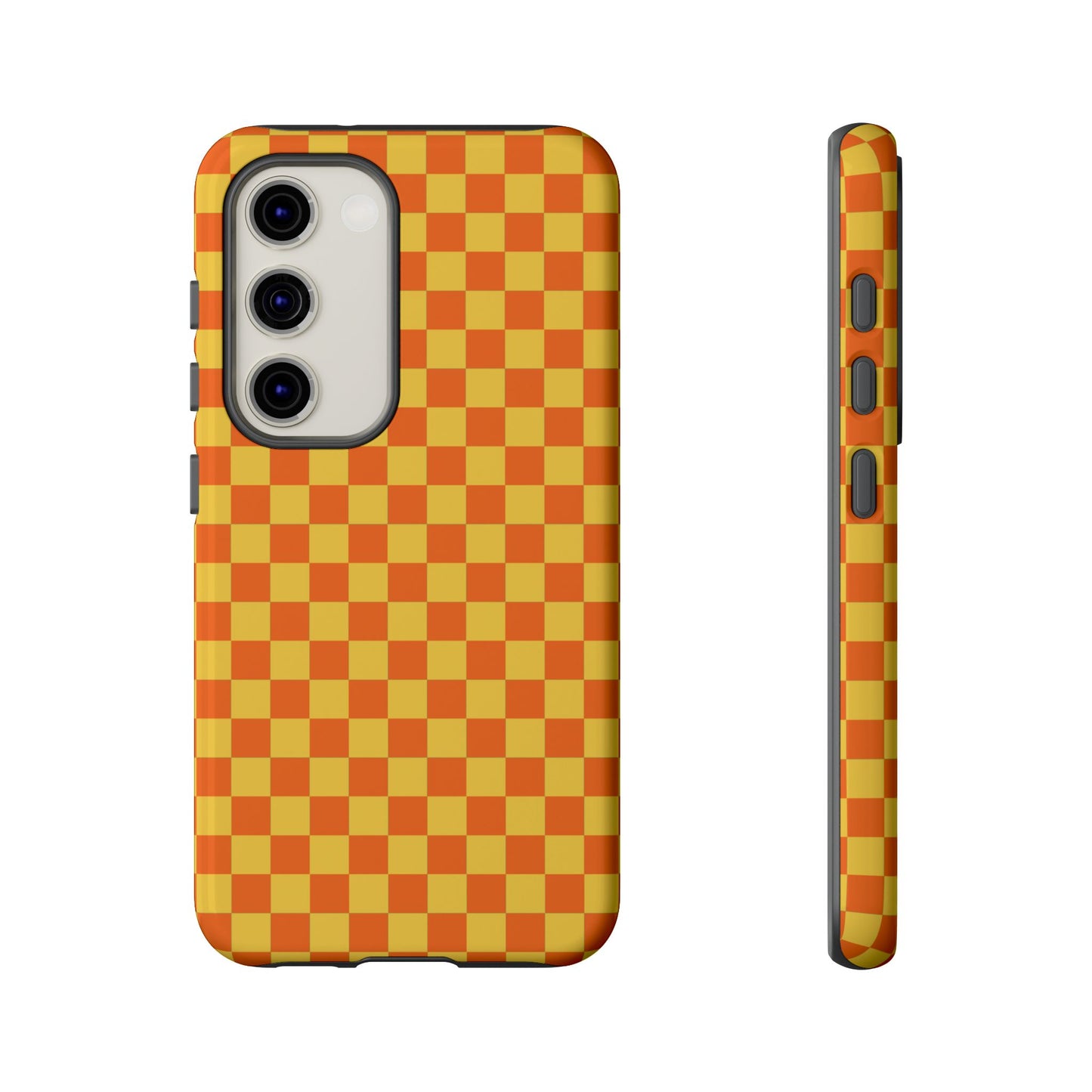 Samsung Galaxy S23 / Glossy Phone Case - Trendy Orange & Yellow Small Checked Pattern Phone Case