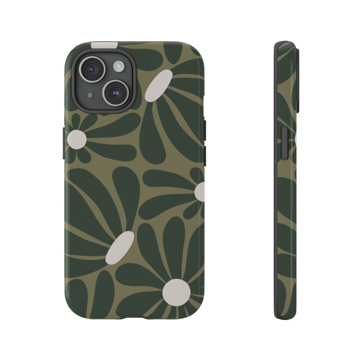 iPhone 15 / Glossy Phone Case - ’Retro Olive Green Daisy Pattern’ Phone Case