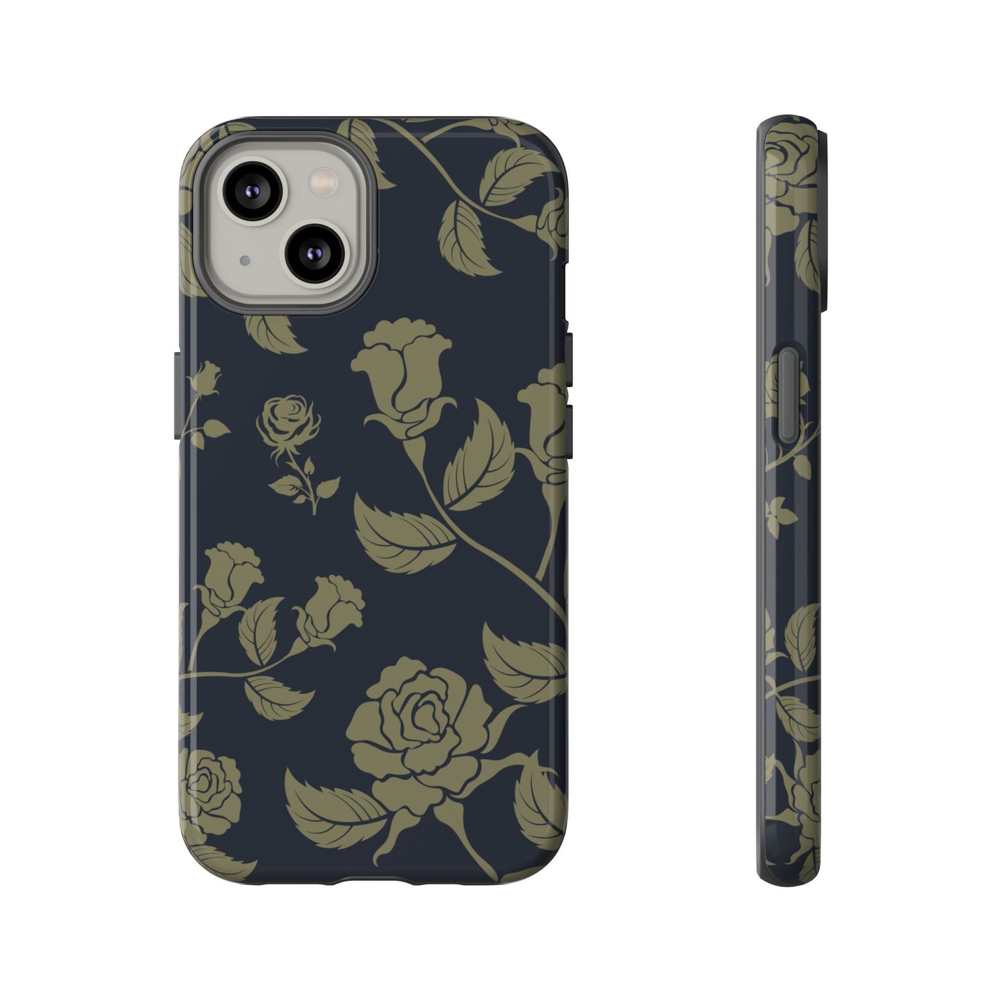 iPhone 14 / Glossy Phone Case - ’Blue & Olive Rose Pattern’ Phone Case