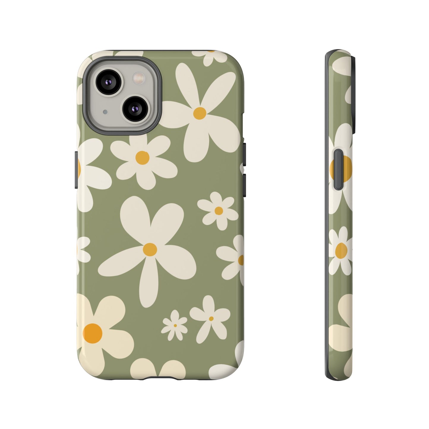 iPhone 14 / Glossy Phone Case - ’Green Daisy Pattern’ Phone Case