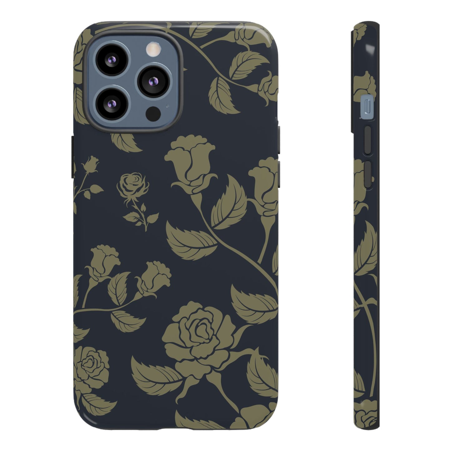 iPhone 13 Pro Max / Glossy Phone Case - ’Blue & Olive Rose Pattern’ Phone Case