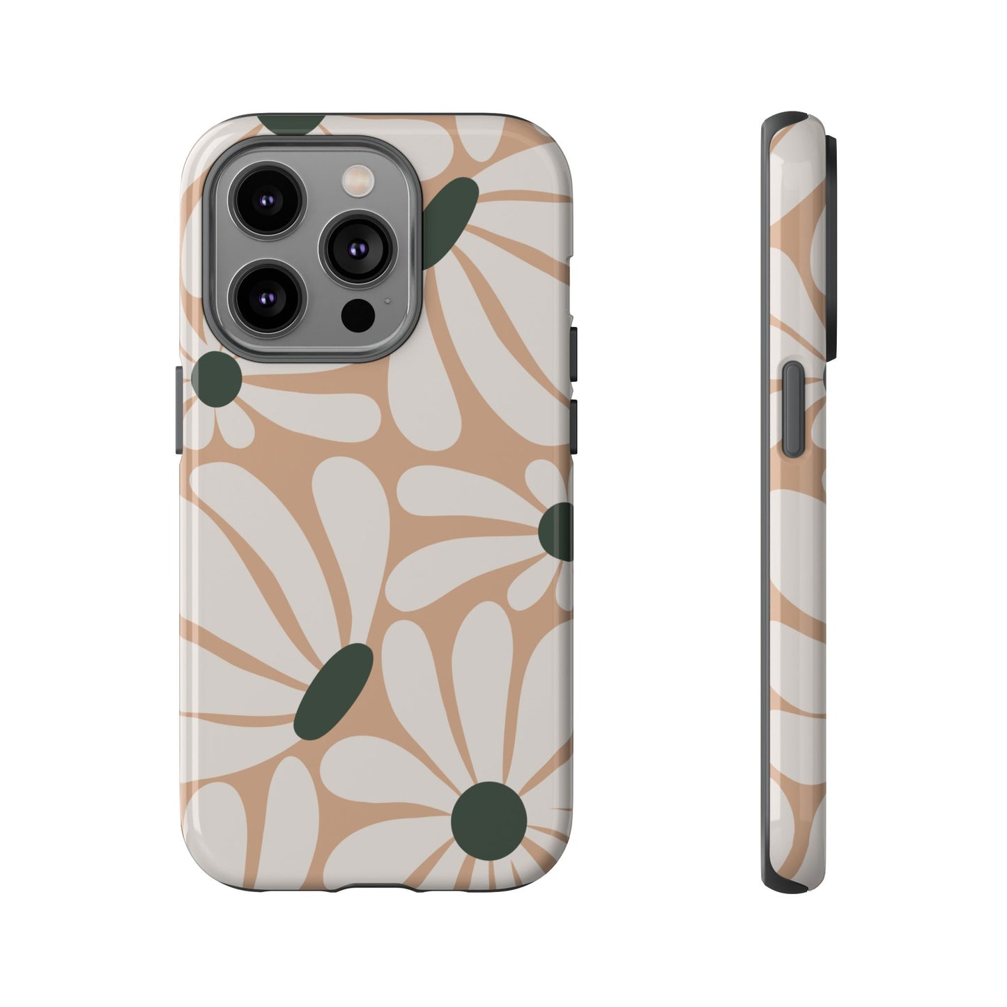 iPhone 14 Pro / Glossy Phone Case - ’Retro Beige & White Daisy Pattern’ Phone Case