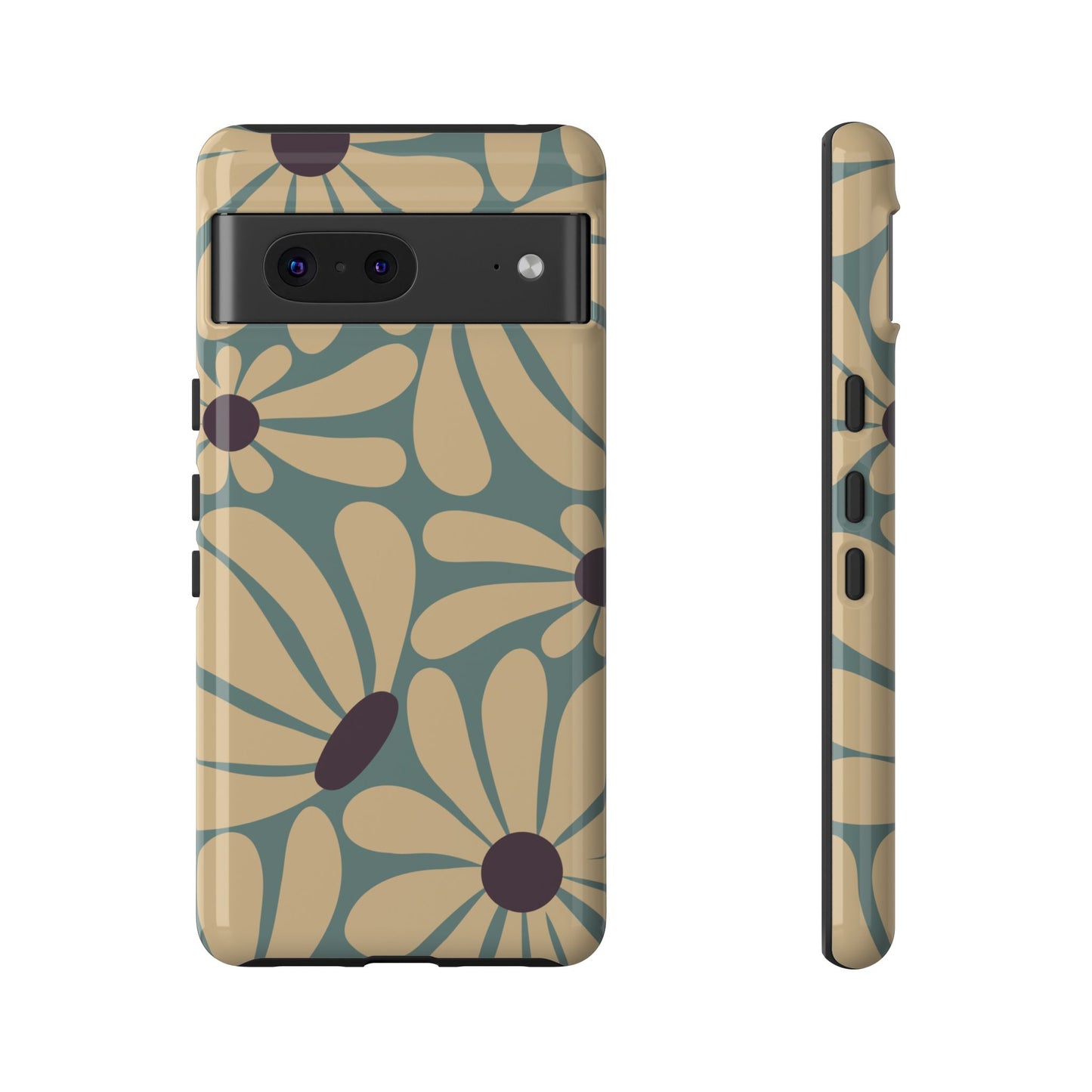 Google Pixel 7 / Glossy Phone Case - ’Retro Cream & Blue Daisy Pattern’ Phone Case