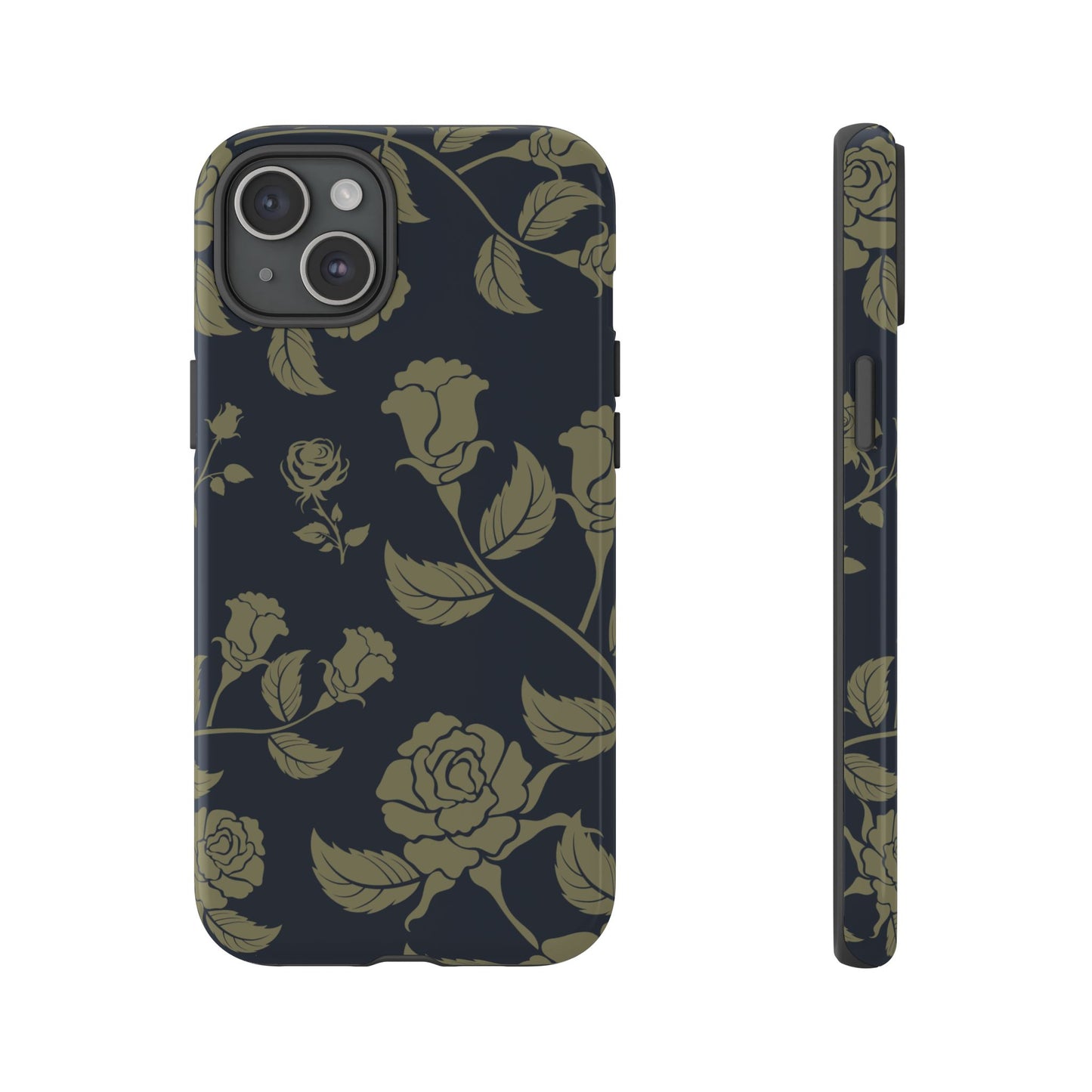 iPhone 15 Plus / Glossy Phone Case - ’Blue & Olive Rose Pattern’ Phone Case