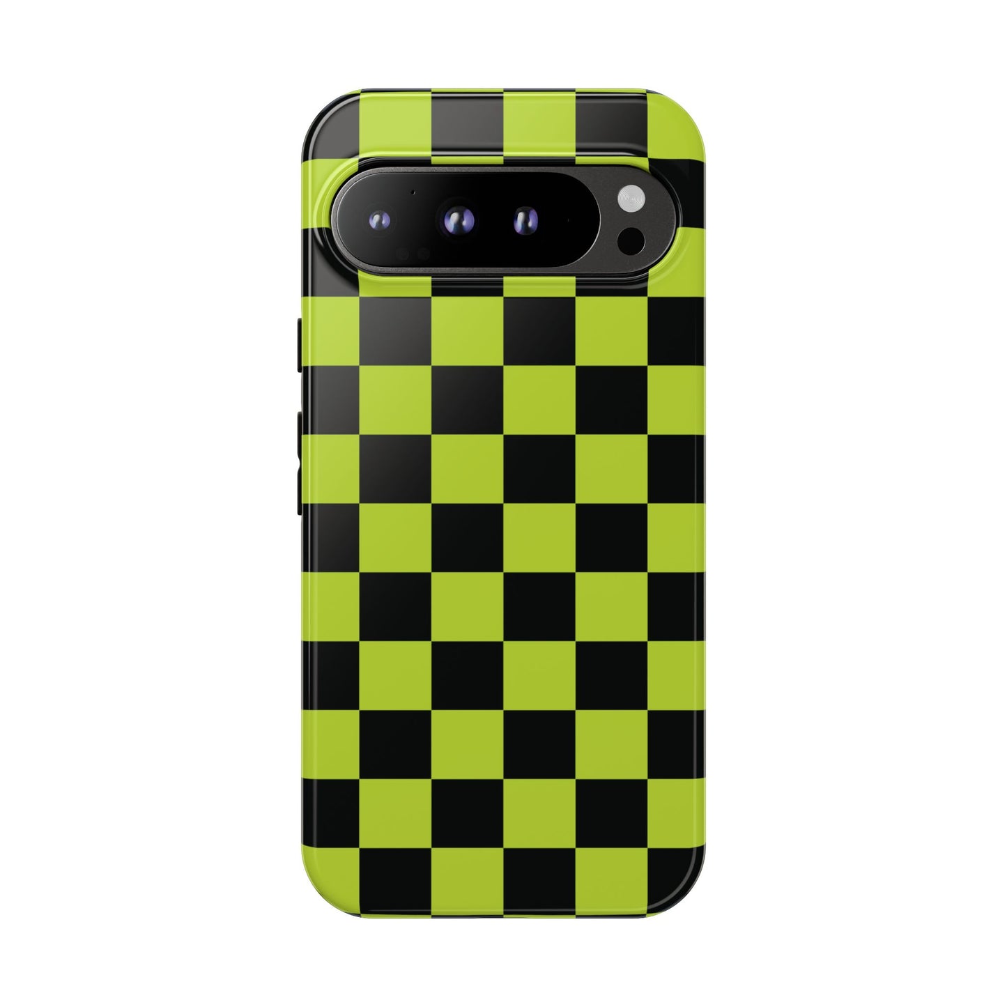 Google Pixel 9 Pro XL / Glossy Phone Case - Trendy Neon Lime Green & Black Checked Pattern Phone Case