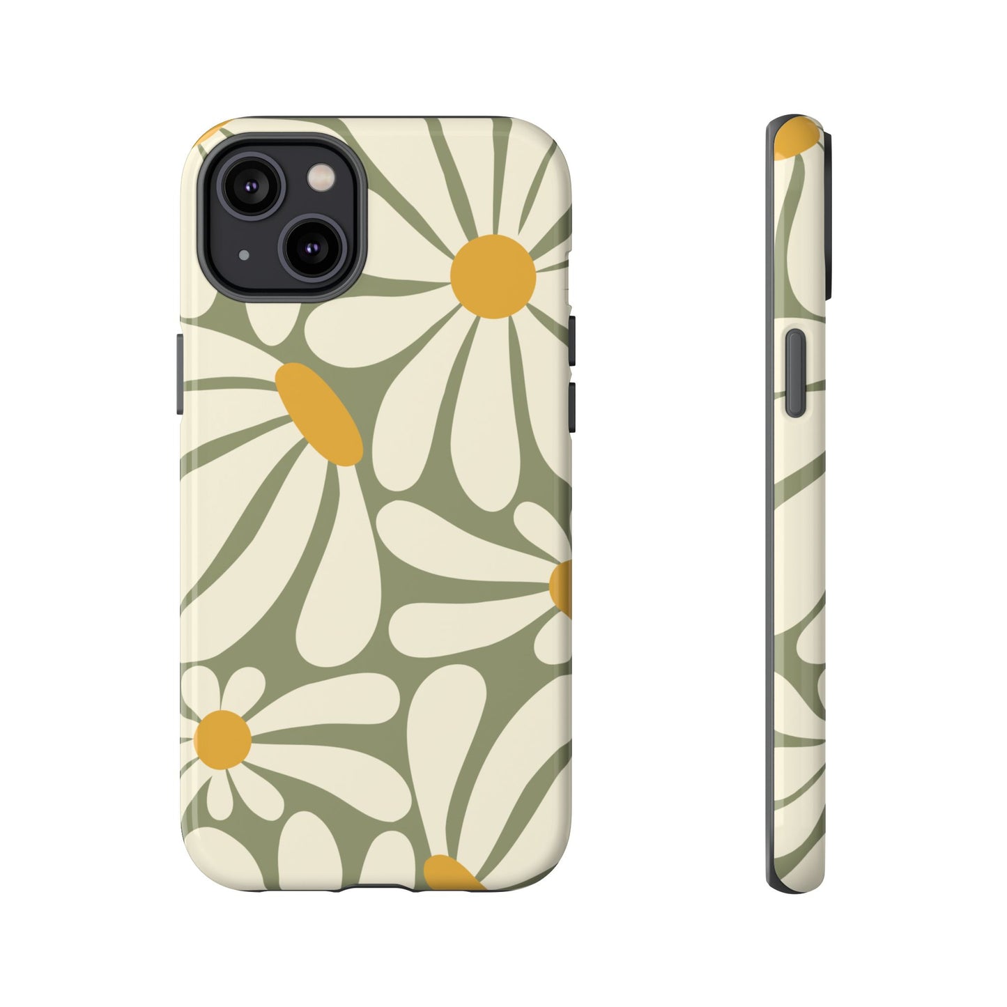 iPhone 14 Plus / Glossy Phone Case - ’Retro Green Daisy Pattern #1’ Phone Case