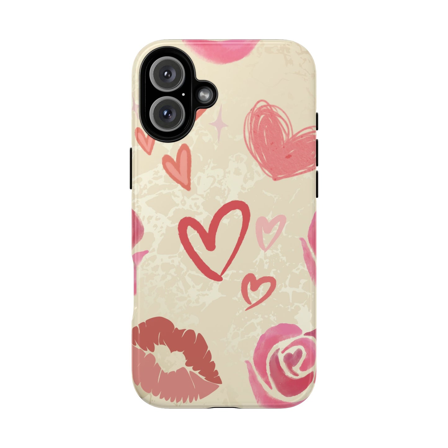 iPhone 16 Plus / Glossy Phone Case - ’Pink Heart & Rose Pattern’ Phone Case
