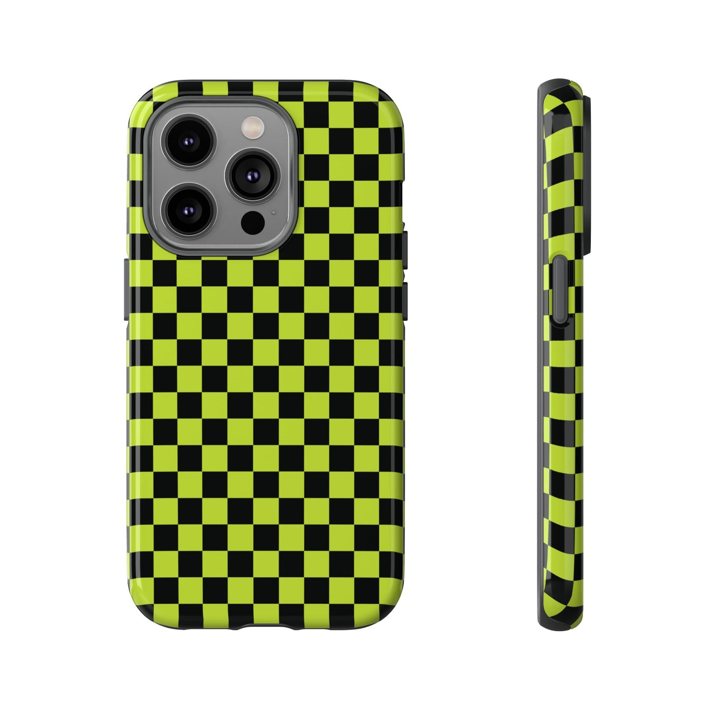 iPhone 14 Pro / Glossy Phone Case - Trendy Neon Lime Green & Plum Small Checked Pattern Phone Case