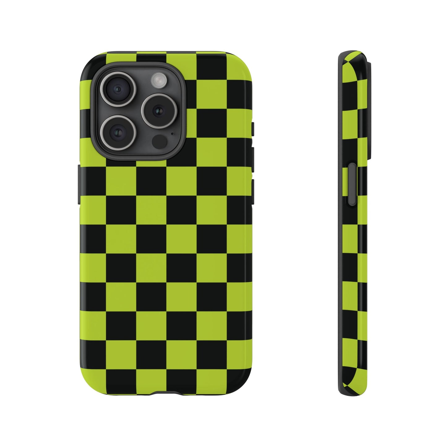 iPhone 15 Pro / Glossy Phone Case - Trendy Neon Lime Green & Black Checked Pattern Phone Case
