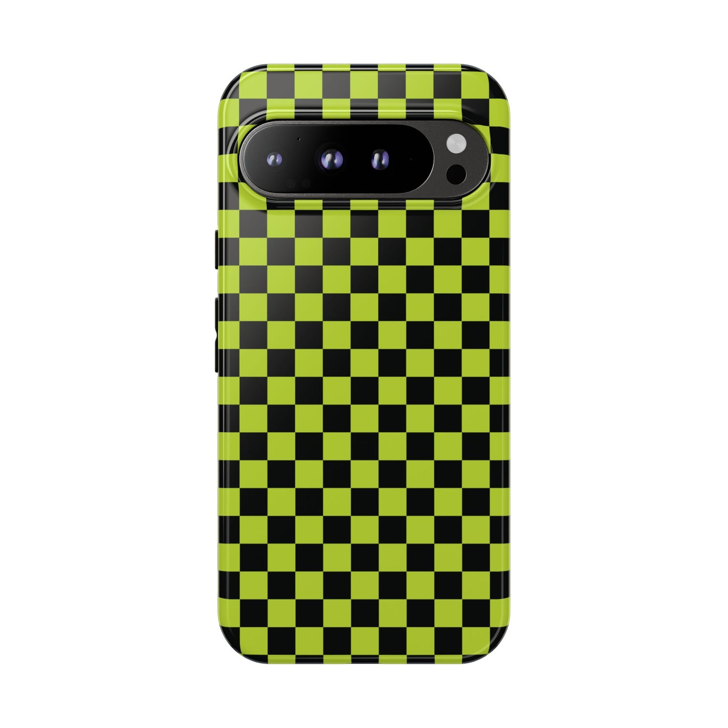 Google Pixel 9 Pro XL / Glossy Phone Case - Trendy Neon Lime Green & Plum Small Checked Pattern Phone Case