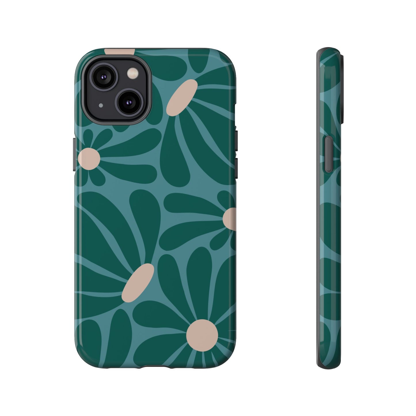 iPhone 14 Plus / Glossy Phone Case - ’Retro Turquoise Daisy Pattern’ Phone Case
