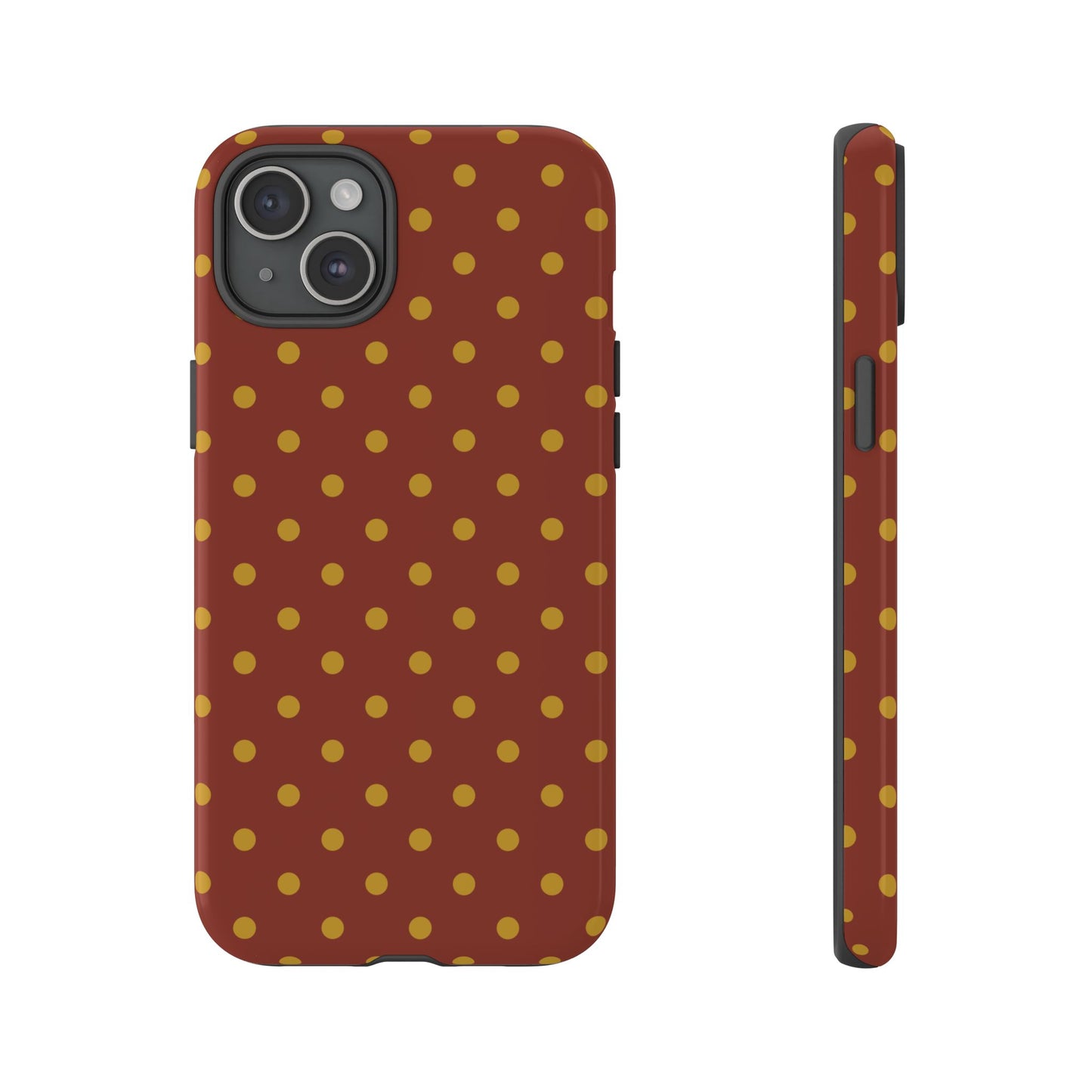 iPhone 15 Plus / Glossy Phone Case - Trendy Brown & Mustard Dot Pattern Phone Case