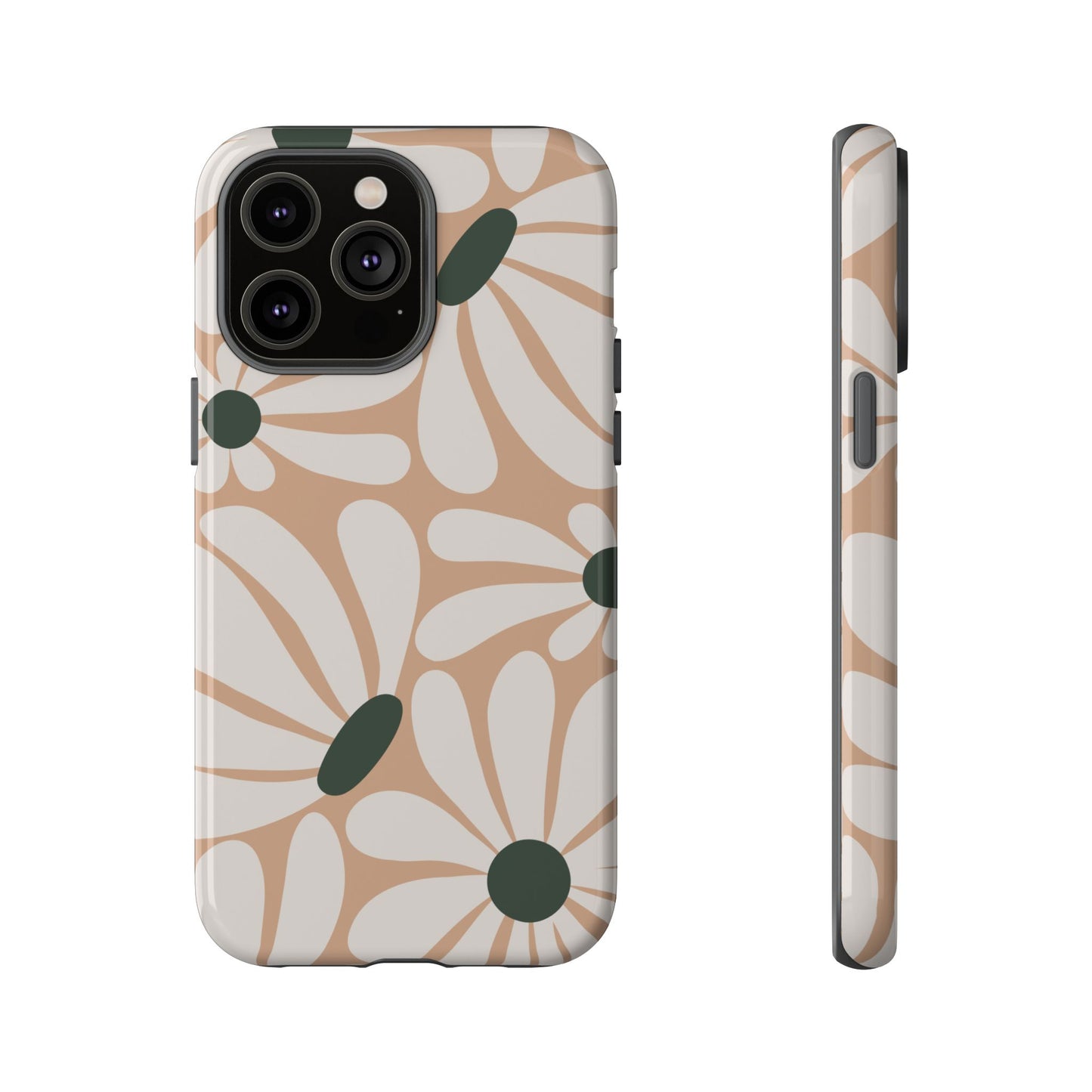 iPhone 14 Pro Max / Glossy Phone Case - ’Retro Beige & White Daisy Pattern’ Phone Case