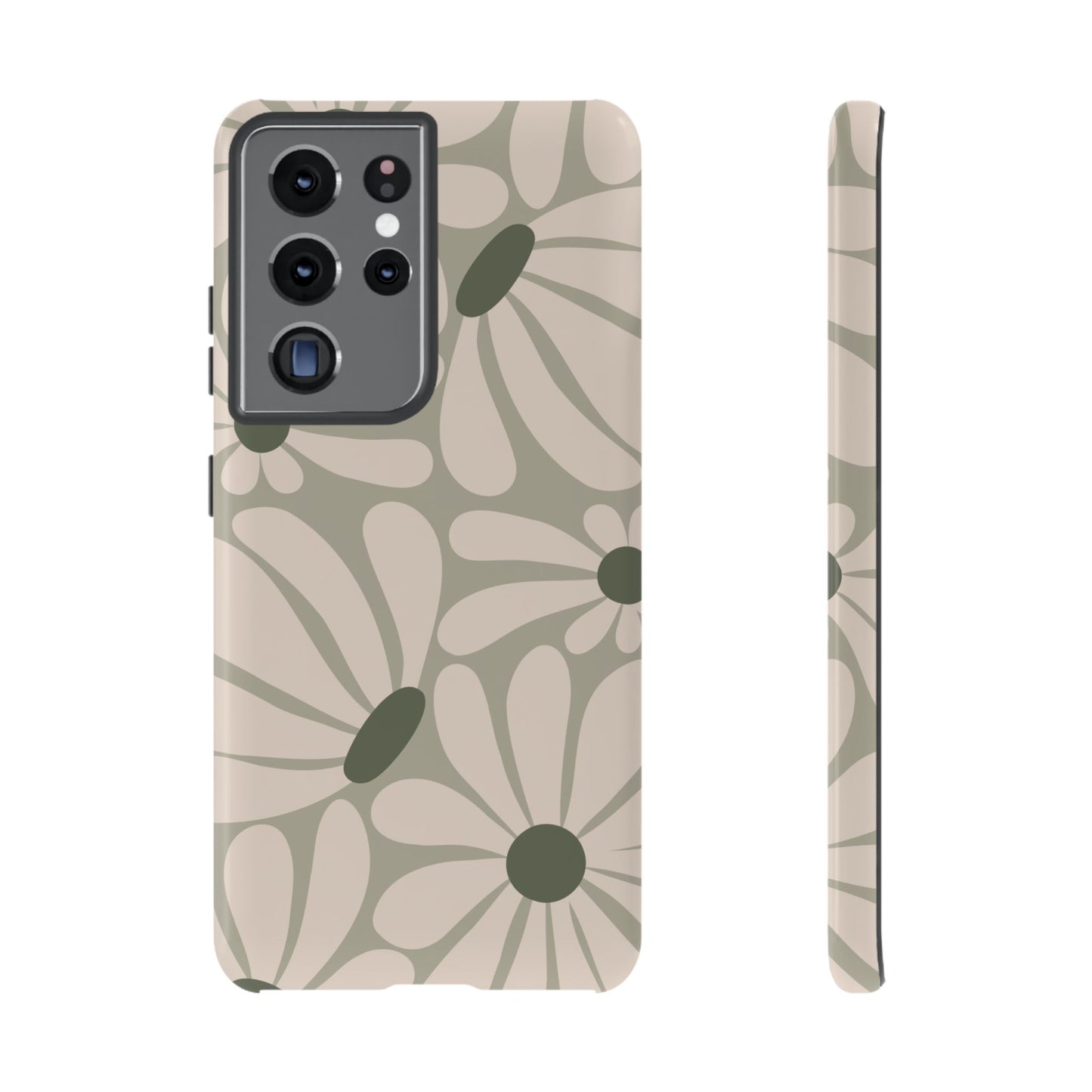 Samsung Galaxy S21 Ultra / Glossy Phone Case - ’Retro Cream & Green Daisy Pattern’ Phone Case