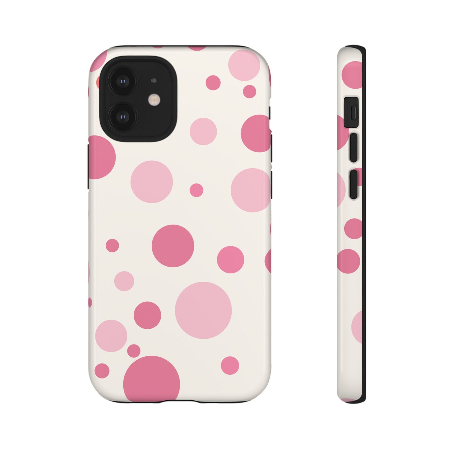iPhone 12 Mini / Glossy Phone Case - ’Bold White with Pink Dot Pattern’ Phone Case