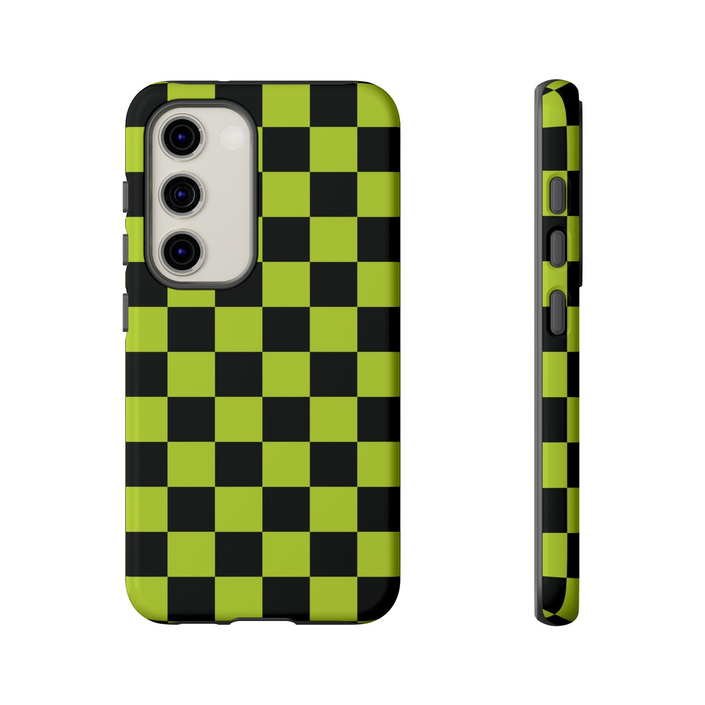 Samsung Galaxy S23 / Glossy Phone Case - Trendy Neon Lime Green & Black Checked Pattern Phone Case