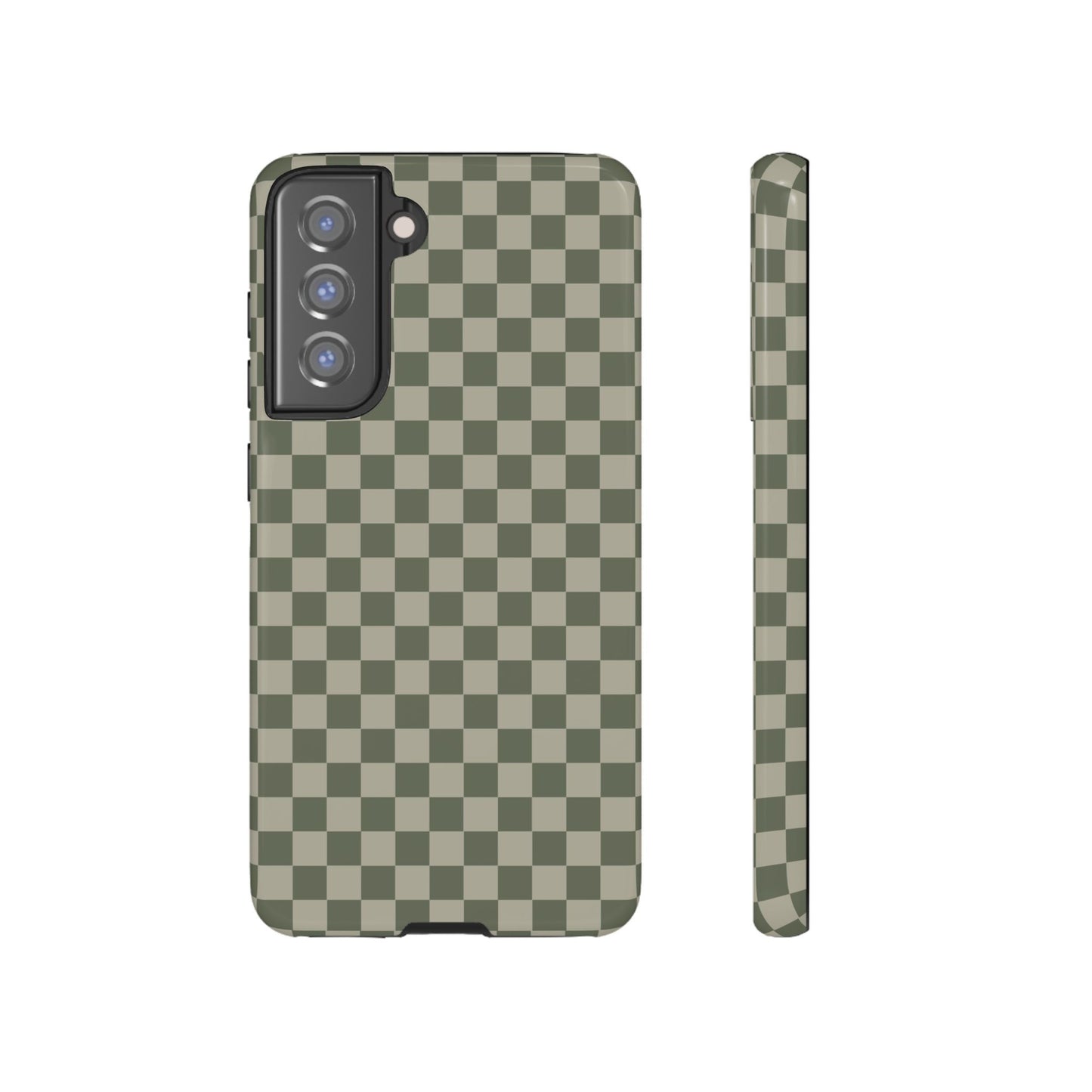 Samsung Galaxy S21 FE / Glossy Phone Case - ’Bold Olive Green Checkered Pattern’ Phone Case