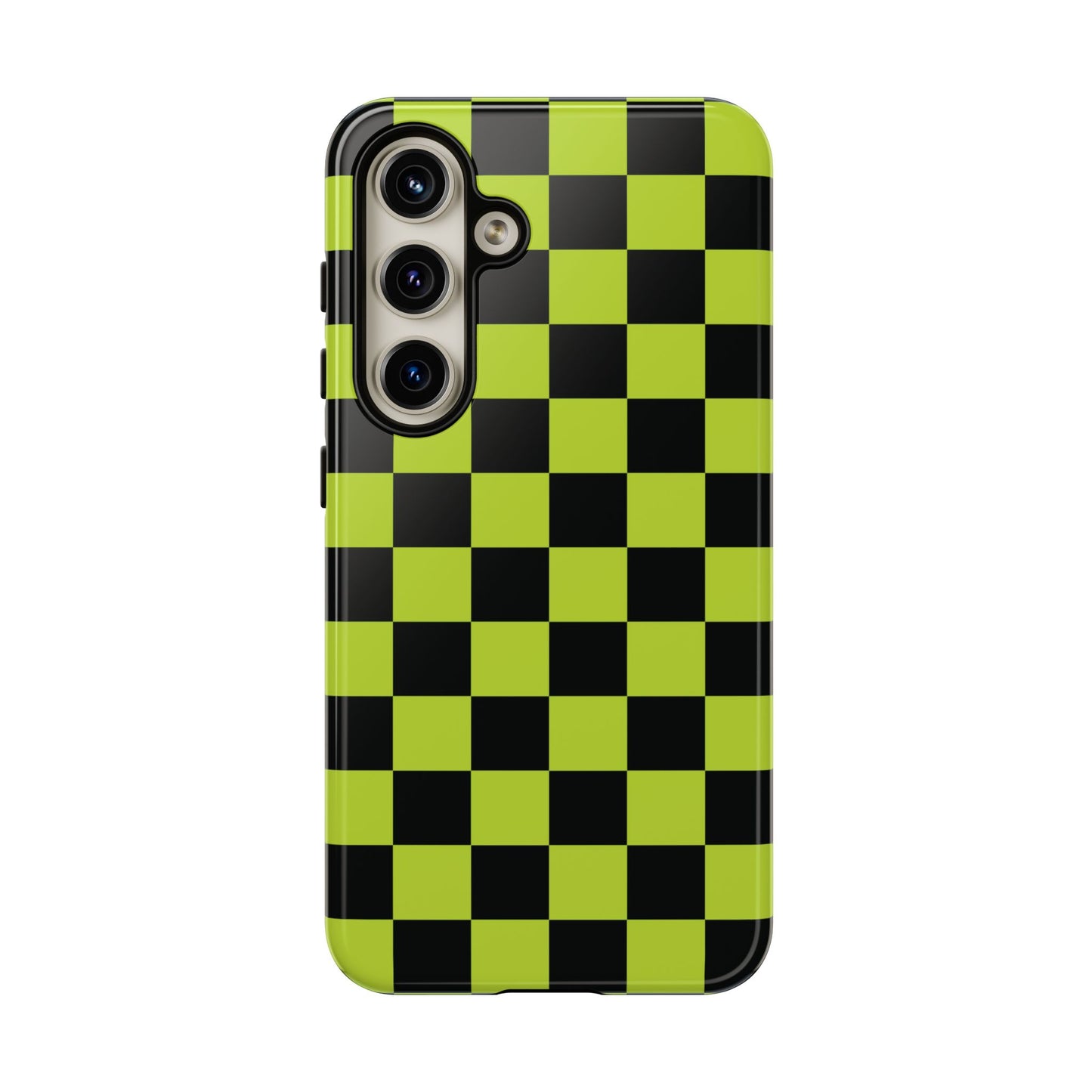 Samsung Galaxy S24 / Glossy Phone Case - Trendy Neon Lime Green & Black Checked Pattern Phone Case