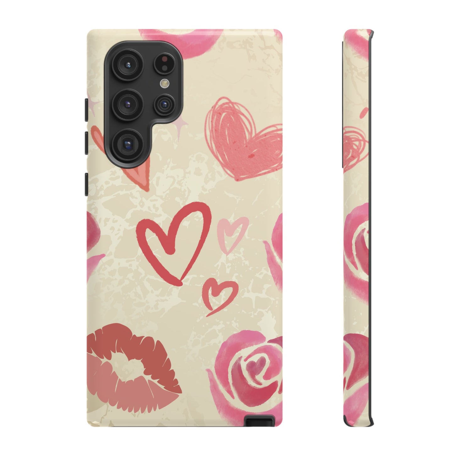 Samsung Galaxy S22 Ultra / Glossy Phone Case - ’Pink Heart & Rose Pattern’ Phone Case