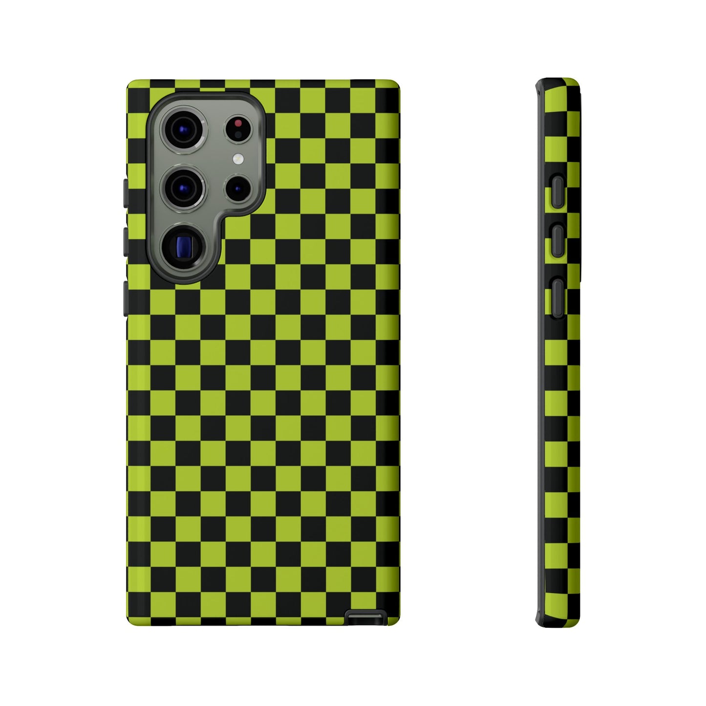 Samsung Galaxy S23 Ultra / Glossy Phone Case - Trendy Neon Lime Green & Plum Small Checked Pattern Phone Case