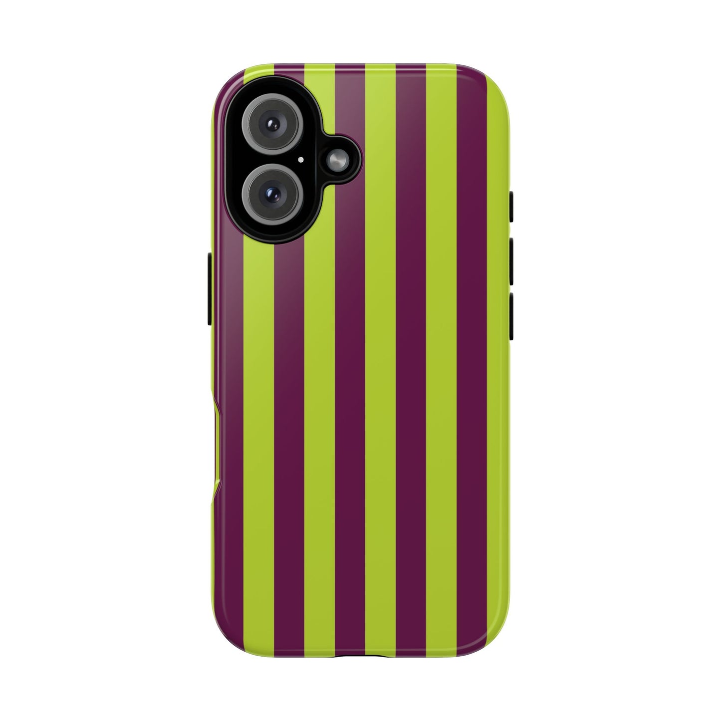 iPhone 16 / Glossy Phone Case - Trendy Neon Lime Green & Plum Stripe Pattern Phone Case