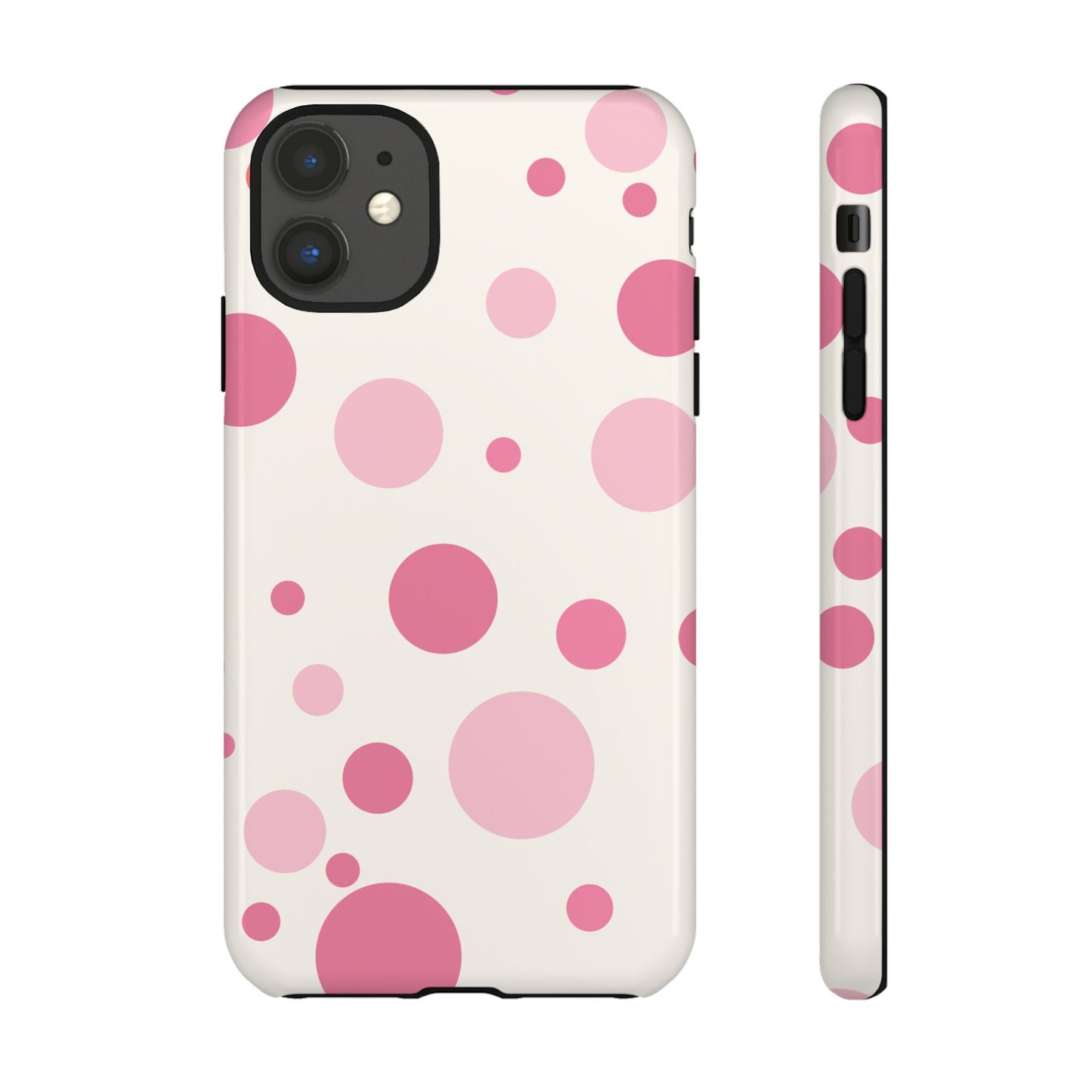 iPhone 11 / Glossy Phone Case - ’Bold White with Pink Dot Pattern’ Phone Case