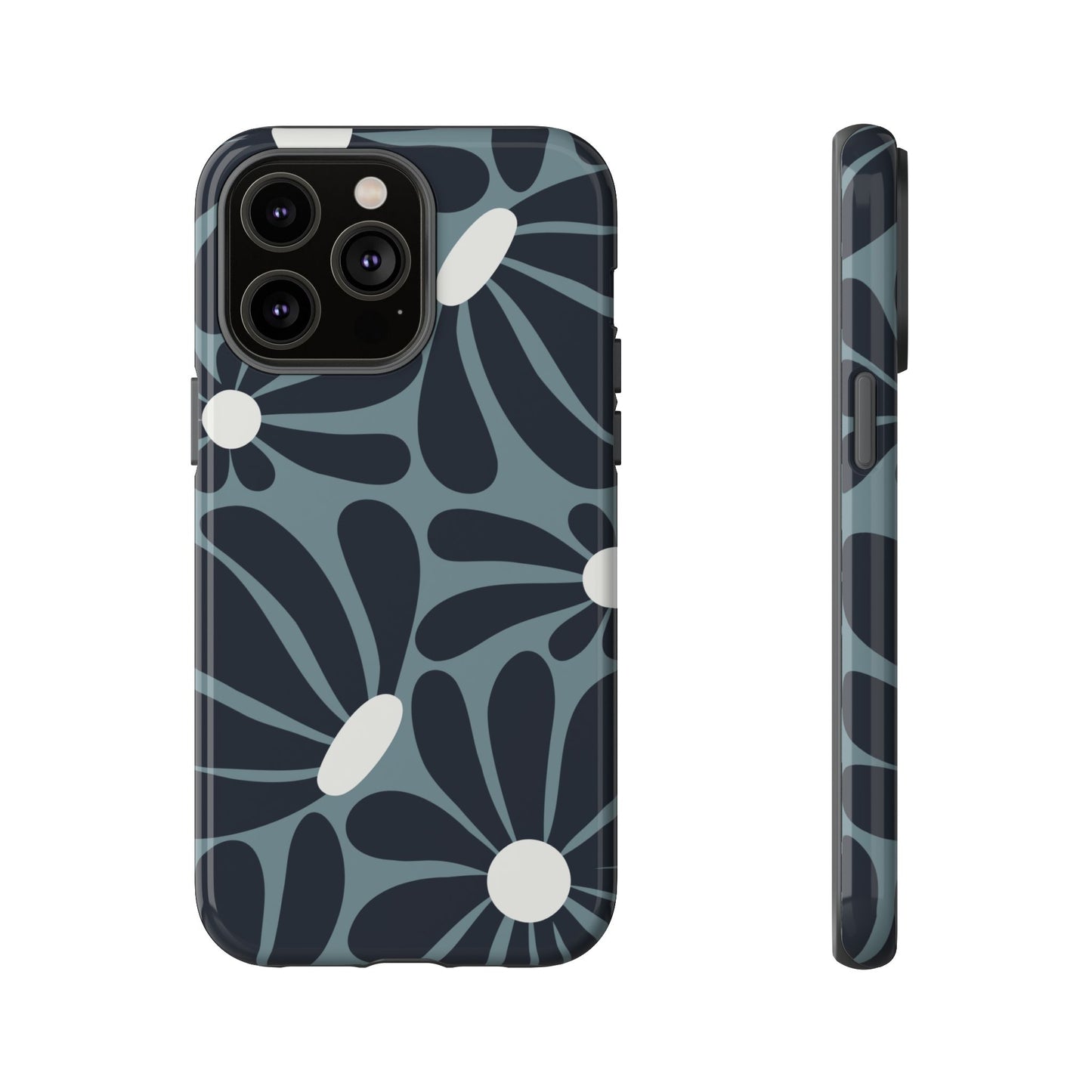 iPhone 14 Pro Max / Glossy Phone Case - ’Retro Navy Blue & White Daisy Pattern’ Phone Case