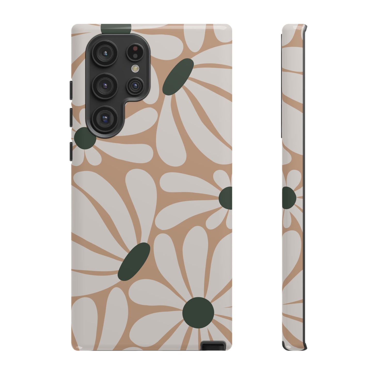 Samsung Galaxy S22 Ultra / Glossy Phone Case - ’Retro Beige & White Daisy Pattern’ Phone Case