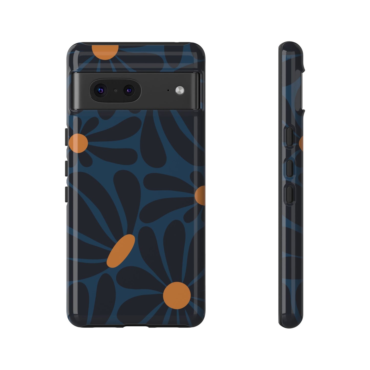 Google Pixel 7 / Glossy Phone Case - ’Dark Blue & Orange Daisy Pattern’ Phone Case