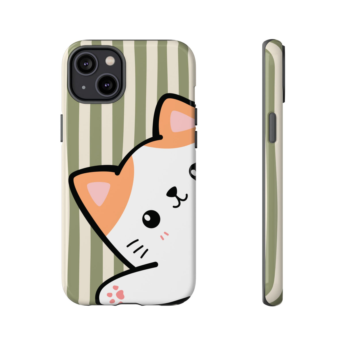 Playful Peakaboo Cat with Green Stripe Pattern Phone Case - Green Phone Case - iPhone 14 Plus / Glossy