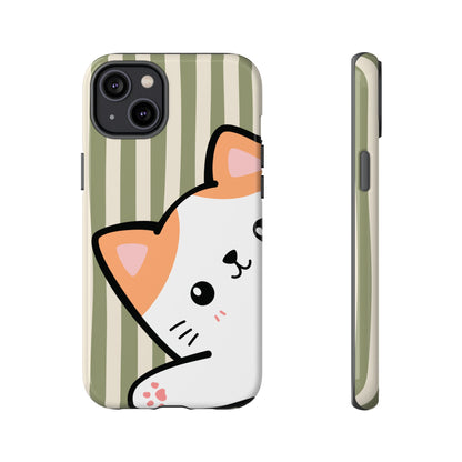 Playful Peakaboo Cat with Green Stripe Pattern Phone Case - Green Phone Case - iPhone 14 Plus / Glossy
