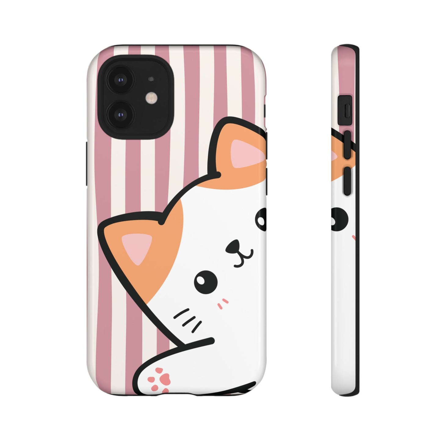 Playful Peakaboo Cat with Pink Stripe Pattern Phone Case - Pink Phone Case - iPhone 12 Mini / Glossy