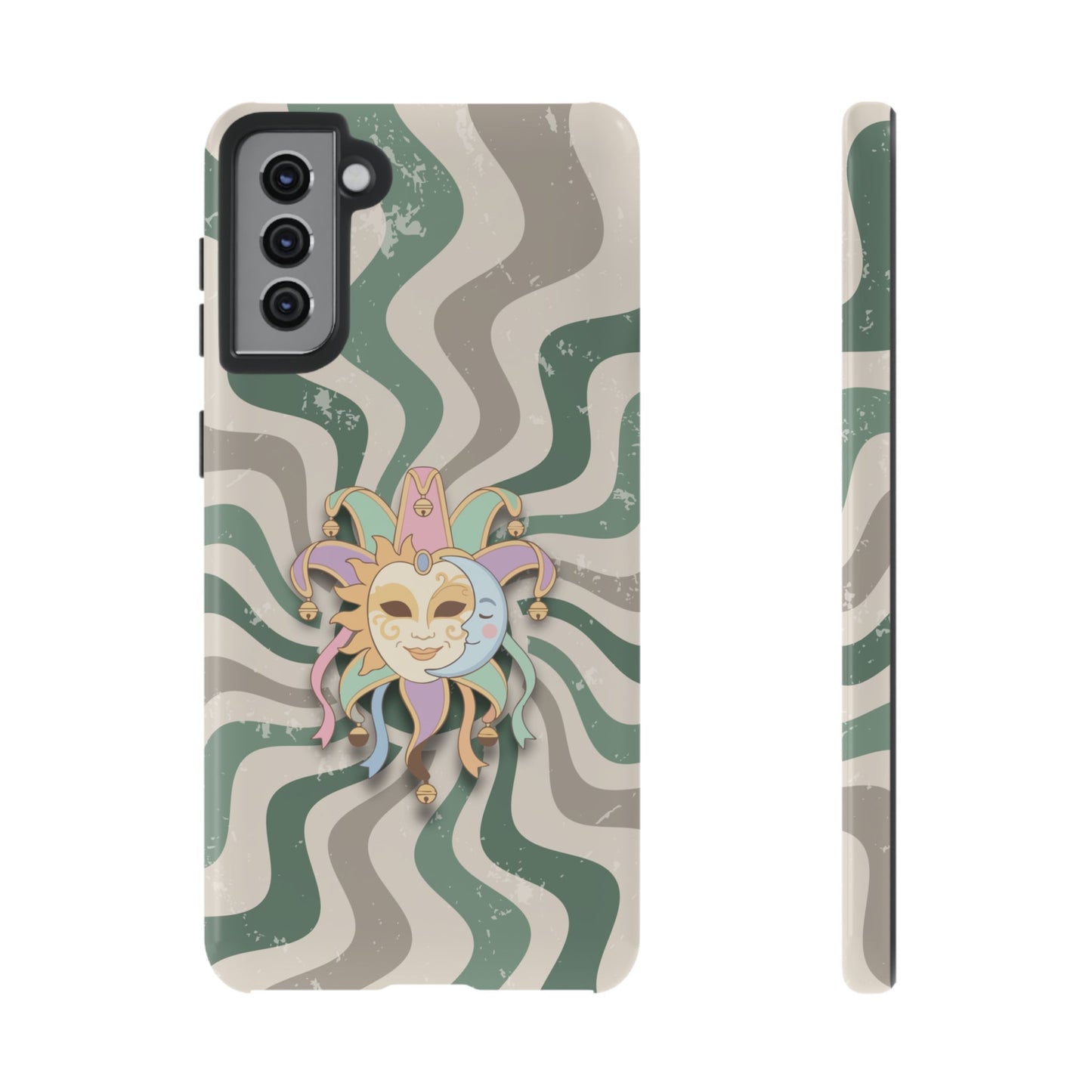 Samsung Galaxy S21 Plus / Glossy Phone Case - Sun & Moon Jester Mask – Green Retro Wave Phone Case