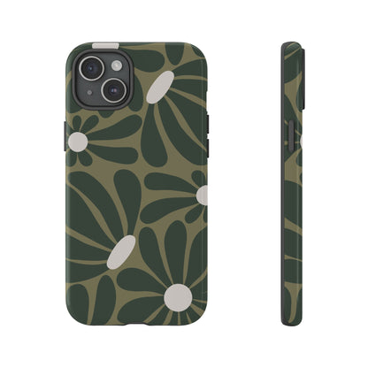 iPhone 15 Plus / Glossy Phone Case - ’Retro Olive Green Daisy Pattern’ Phone Case