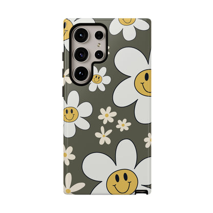 Fun Retro Daisy Pattern with Olive Green Background Phone Case - Green Phone Case - Samsung Galaxy S24 Ultra / Glossy