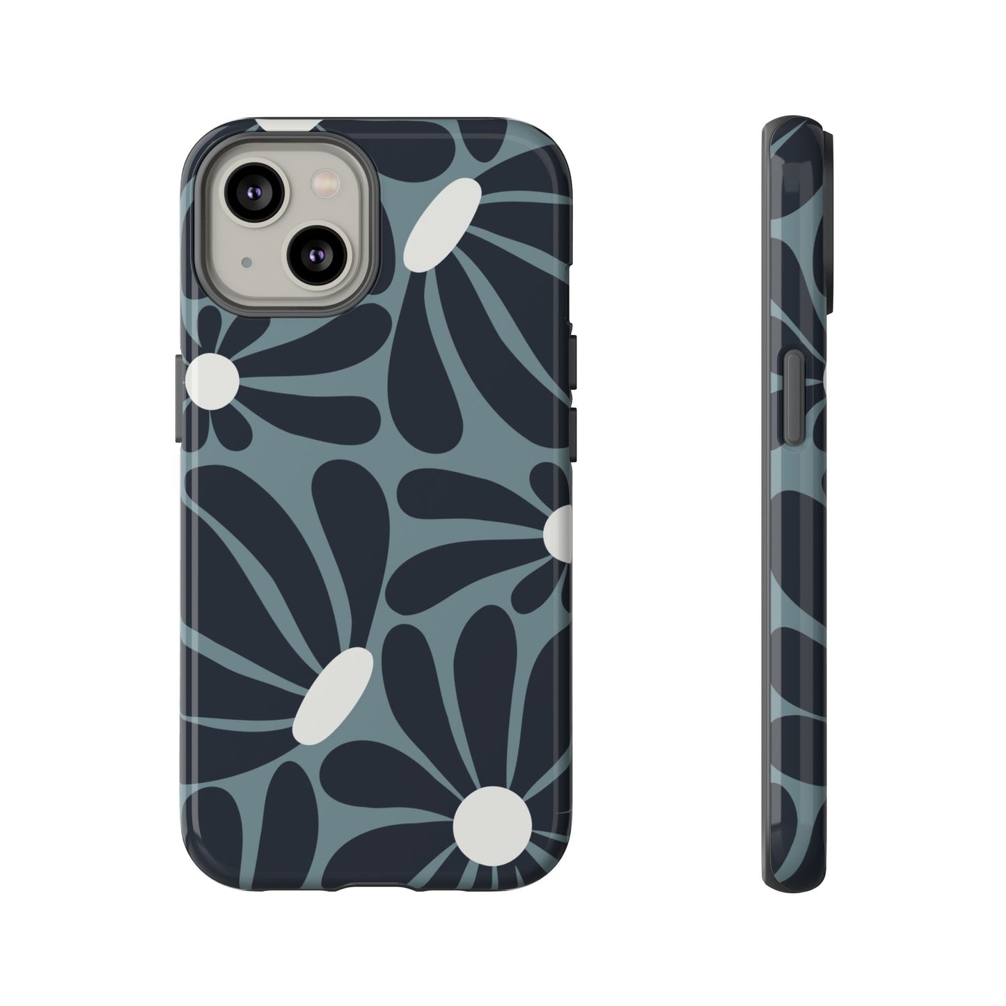 iPhone 14 / Glossy Phone Case - ’Retro Navy Blue & White Daisy Pattern’ Phone Case